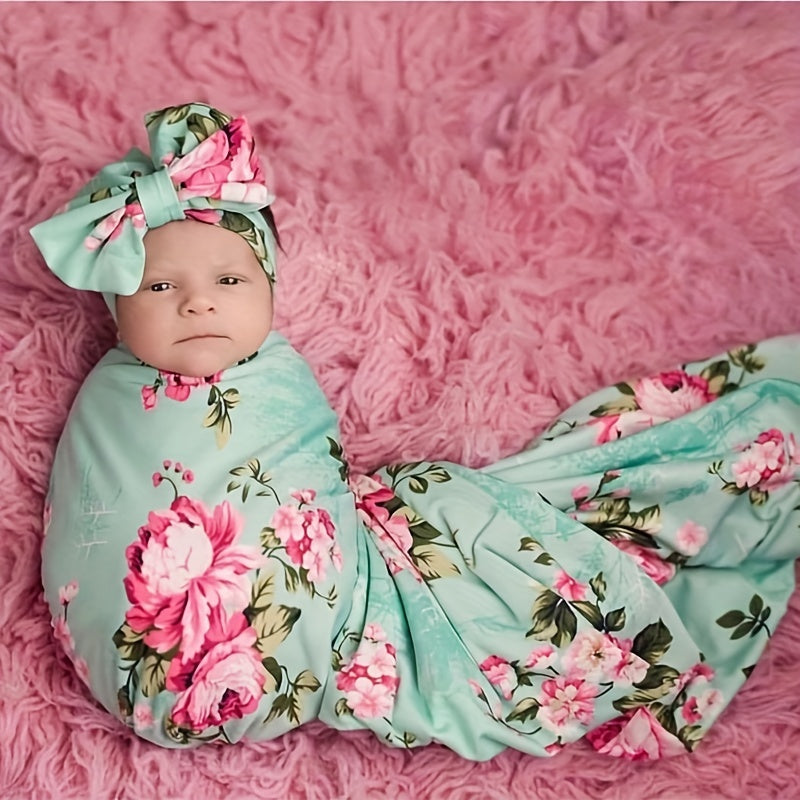 2pcs Flower Print Baby Receiving Blanket and Headband Set - Soft and Cozy Swaddle for Newborns