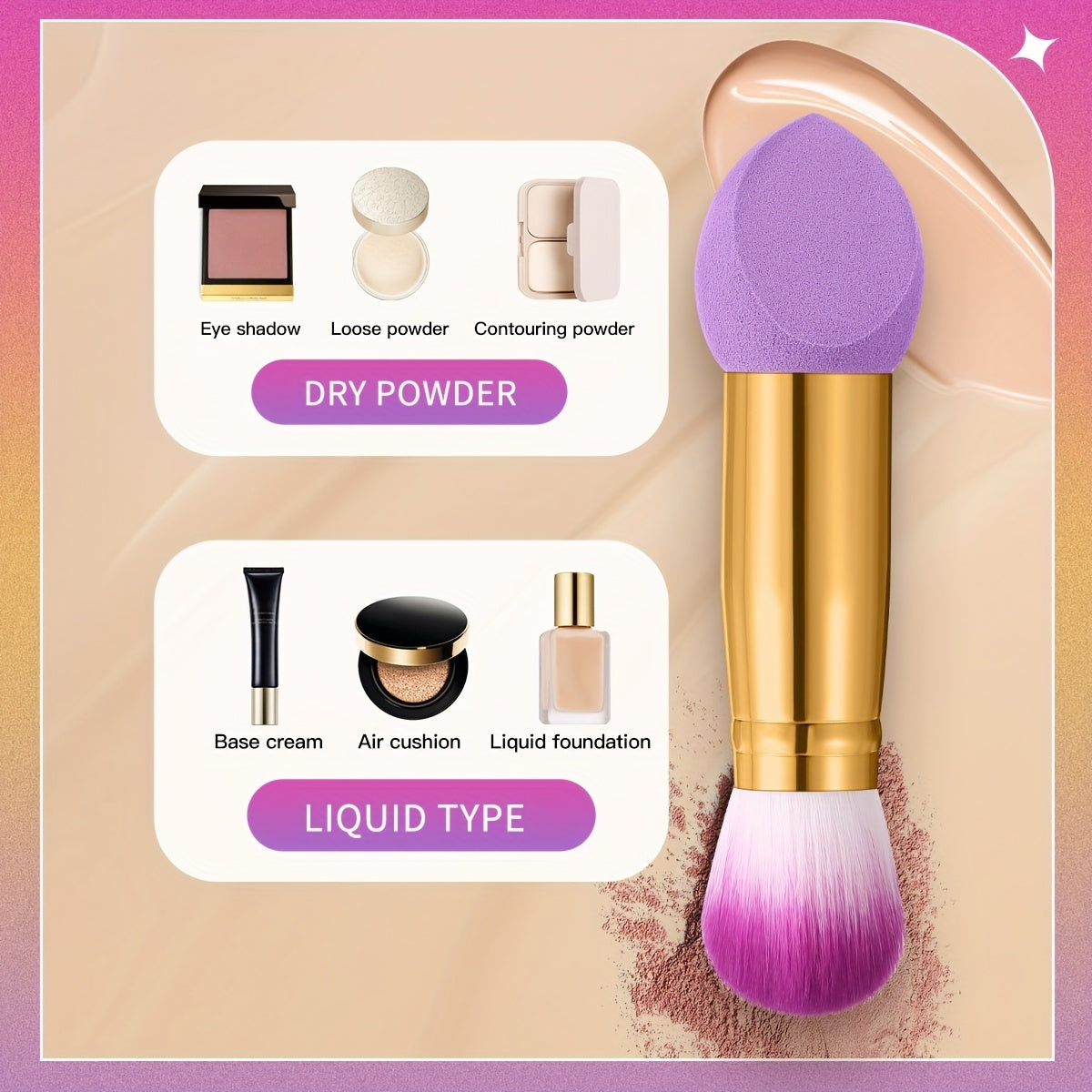 3pcs Foundation Blending Face Brushes With Two Heads Professional Soft Makeup Sponge Fluffy Blusher Brush For Women Beauty, Purple