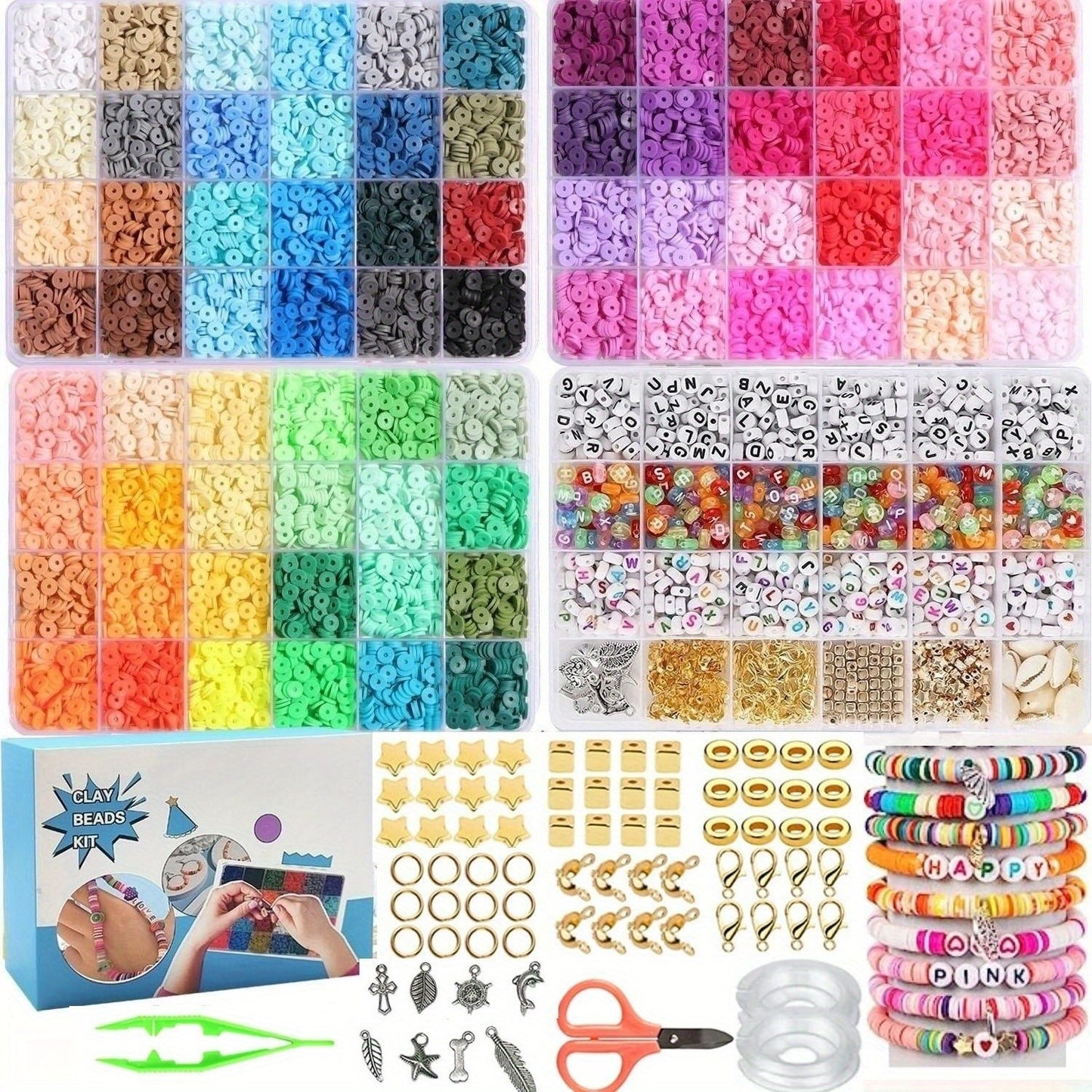 5100/7000/8600/9500 Pcs Clay Beads For Bracelet Making Kit, Preppy Spacer Flat Beads Polymer With Charms And Elastic Strings Gifts For Teen Girls Crafts DIY Craft For Girls,Children's Day Gift Set