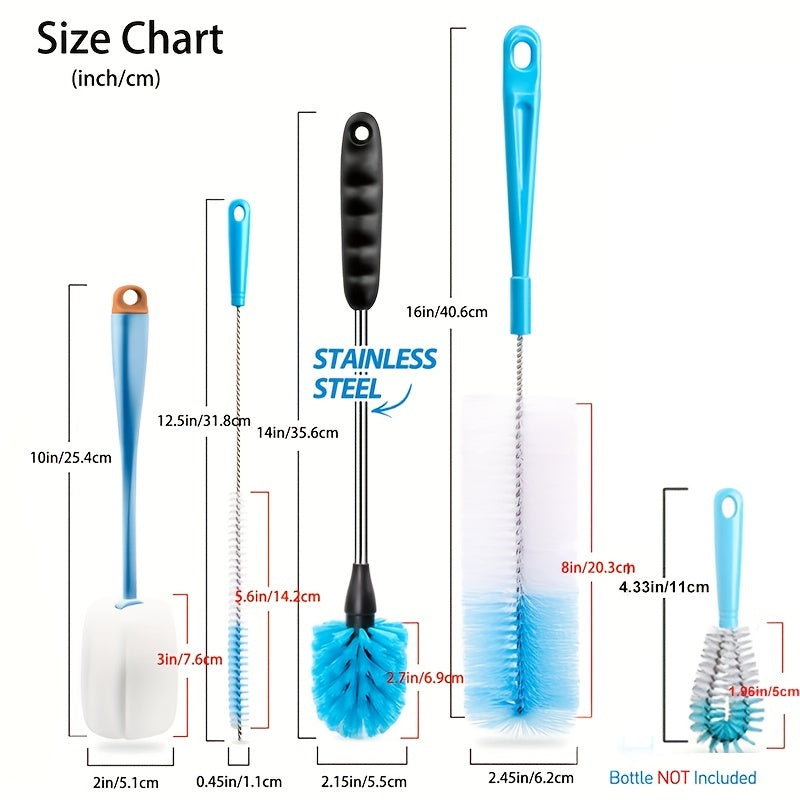 5pcs Bottle Brush Cleaning Set - Clean Narrow Neck Beer Bottles, Wine Decanter, Pipes, Hydro Flask Tumbler & More!