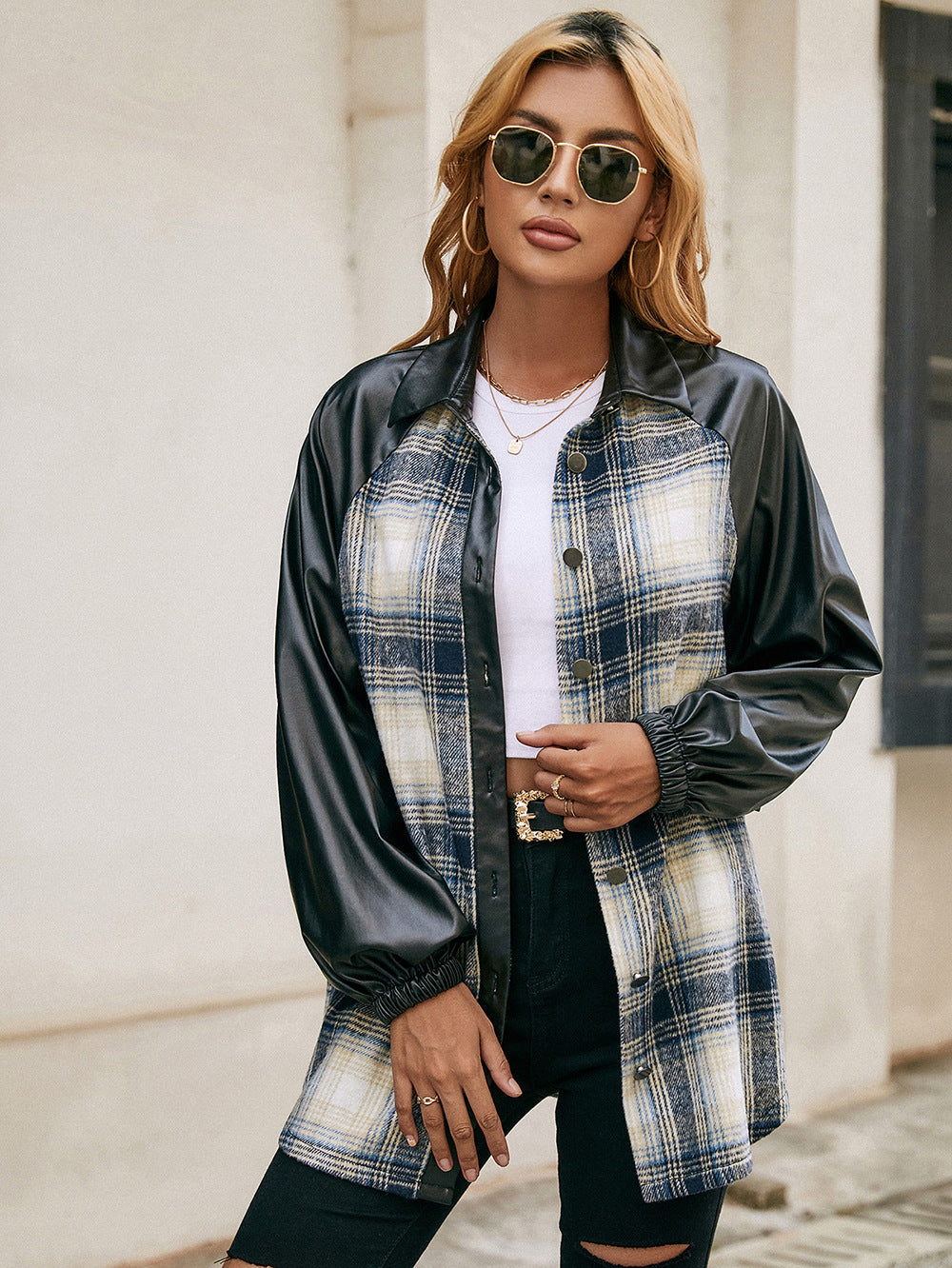 Plaid Button Down Raglan Sleeve Jacket