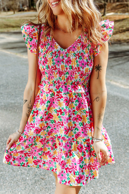 Floral Ruffle Trim Smocked Dress