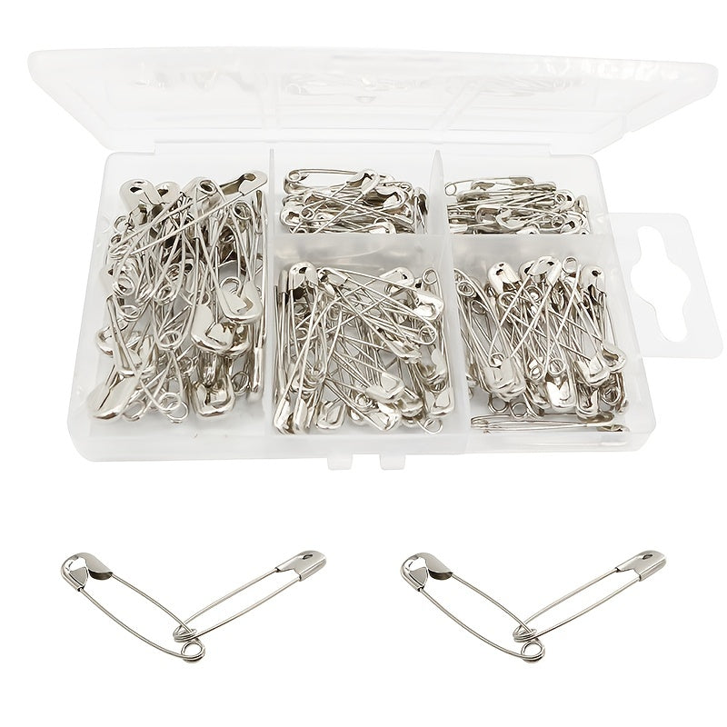 150pcs Safety Pins With 4 Different Sizes/Box About 150pcs, Metal Silvery, Sewing Supplies