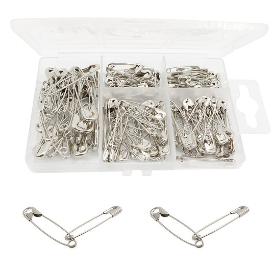 150pcs Safety Pins With 4 Different Sizes/Box About 150pcs, Metal Silvery, Sewing Supplies