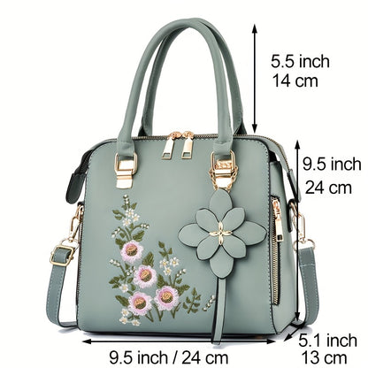 Women's Elegant Embroidered Tote Bag, Faux Leather Satchel Bag, Classic Zipper Shoulder Bag