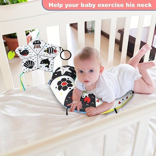 Tapis de temps pour le ventre de bébé, tapis de jeu pliable pour nouveau-né à contraste élevé, tapis de gymnastique d'intérieur pour bébé avec oreiller et anneau de dentition pour bébé de plus de 6 mois 