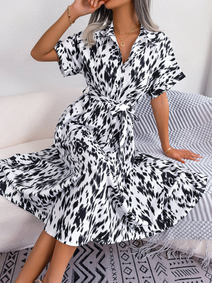 Printed Collared Neck Short Sleeve Tie Waist Dress