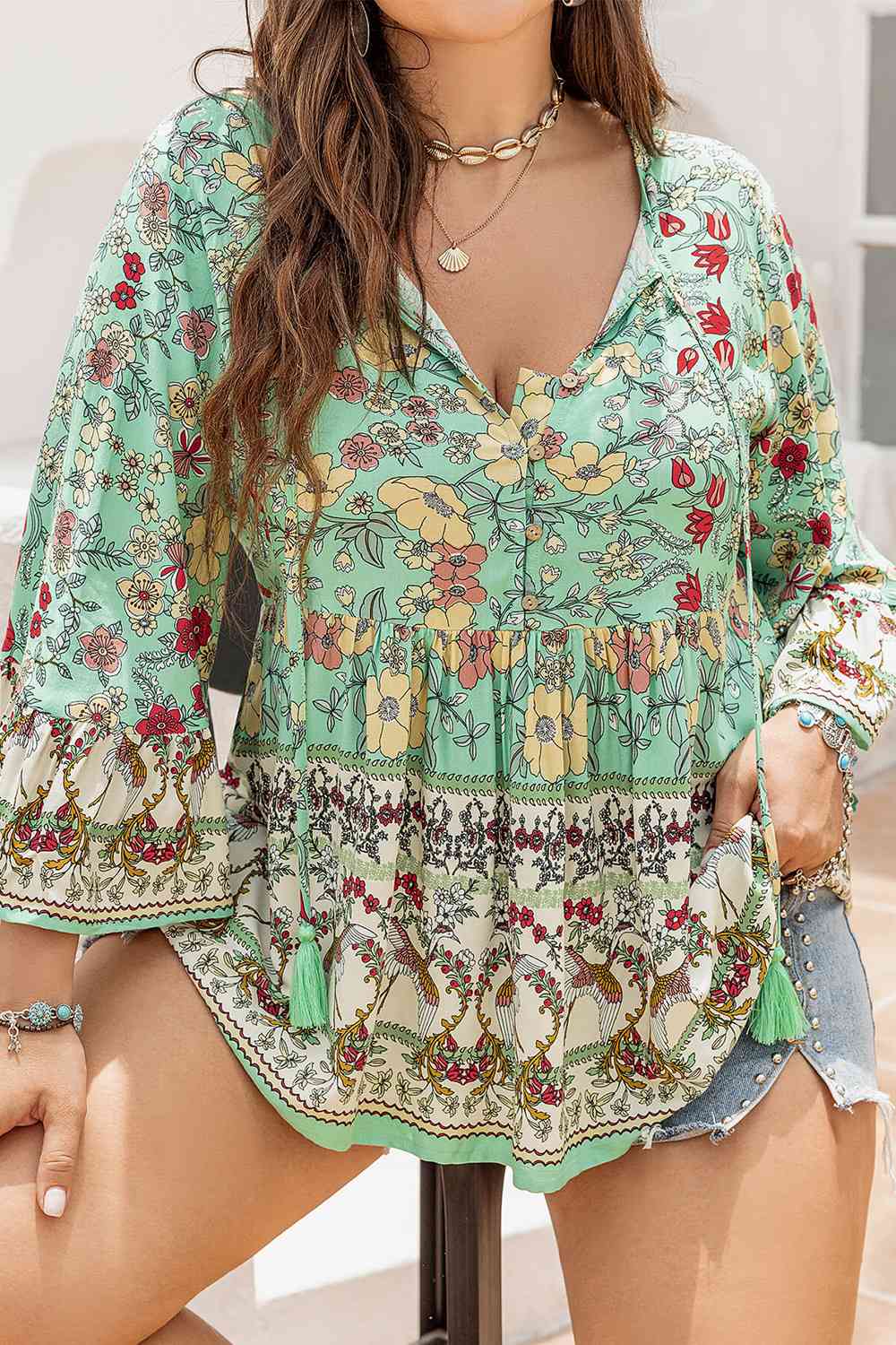 Plus Size Floral Tassel Tie Blouse