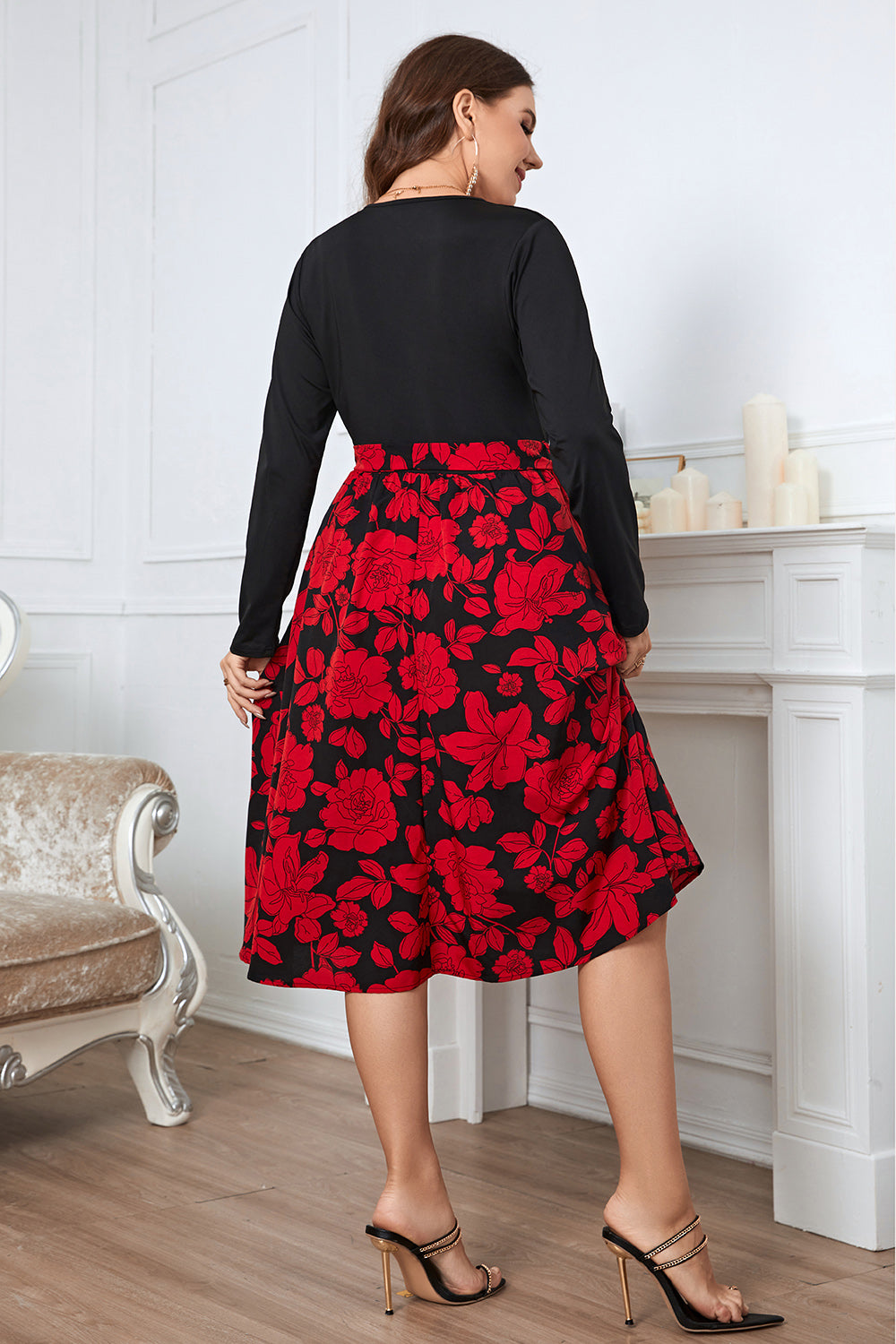 Plus Size Floral Surplice Neck Long Sleeve Dress