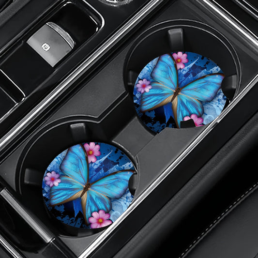 2pc-4pcs Blue Butterfly Cup Coaster For Car SUVs Trucks, 2 Pack Cup Holder Coasters, 3pcs/set, 6pcs/set Car Interior Accessories