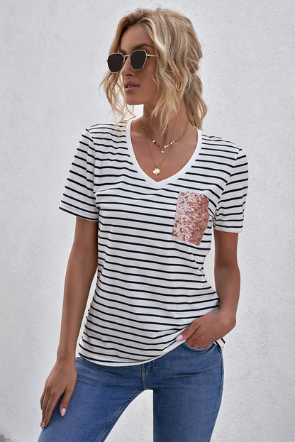 Striped Sequin Patch V-Neck Tee