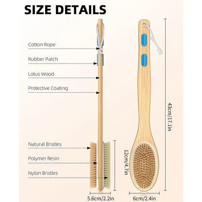 1 pcs Dual-Sided Shower Brush with Soft and Stiff Bristles - Long Handle Back Scrubber for Body Exfoliation - Wet or Dry Brushing - 17.1in/2.4in - 0.56lb