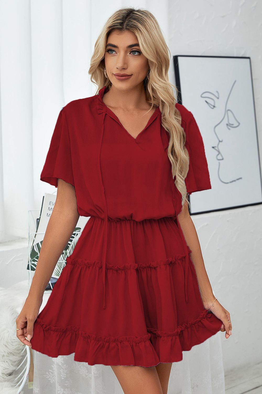 Tie Neck Frill Trim Short Sleeve Mini Dress