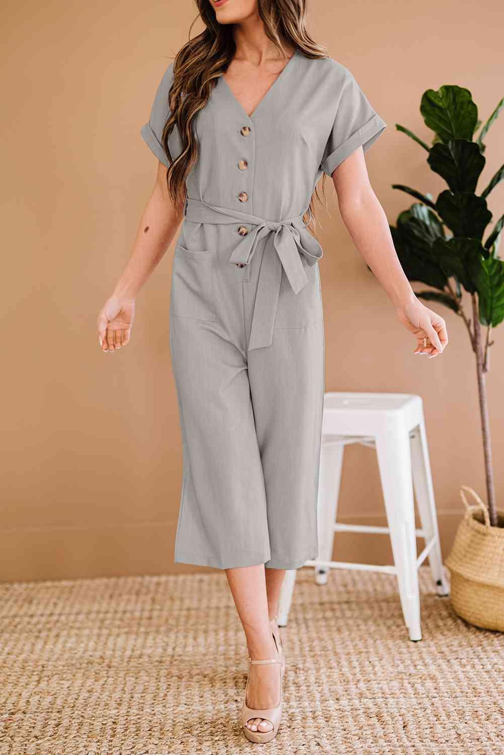 Button Front Belted Cropped Jumpsuit with Pockets