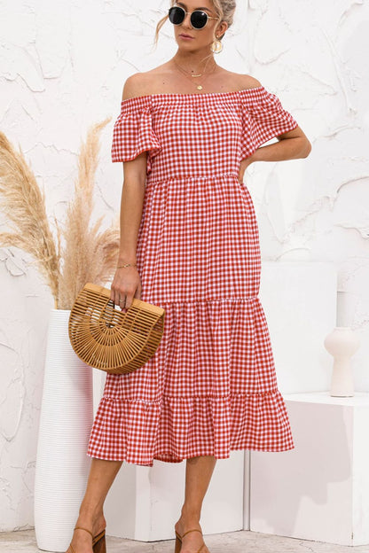 Plaid Off-Shoulder Tiered Midi Dress