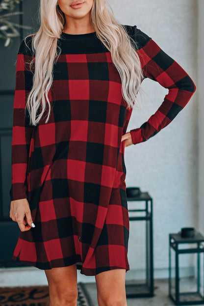 Plaid Round Neck Long Sleeve Mini Dress