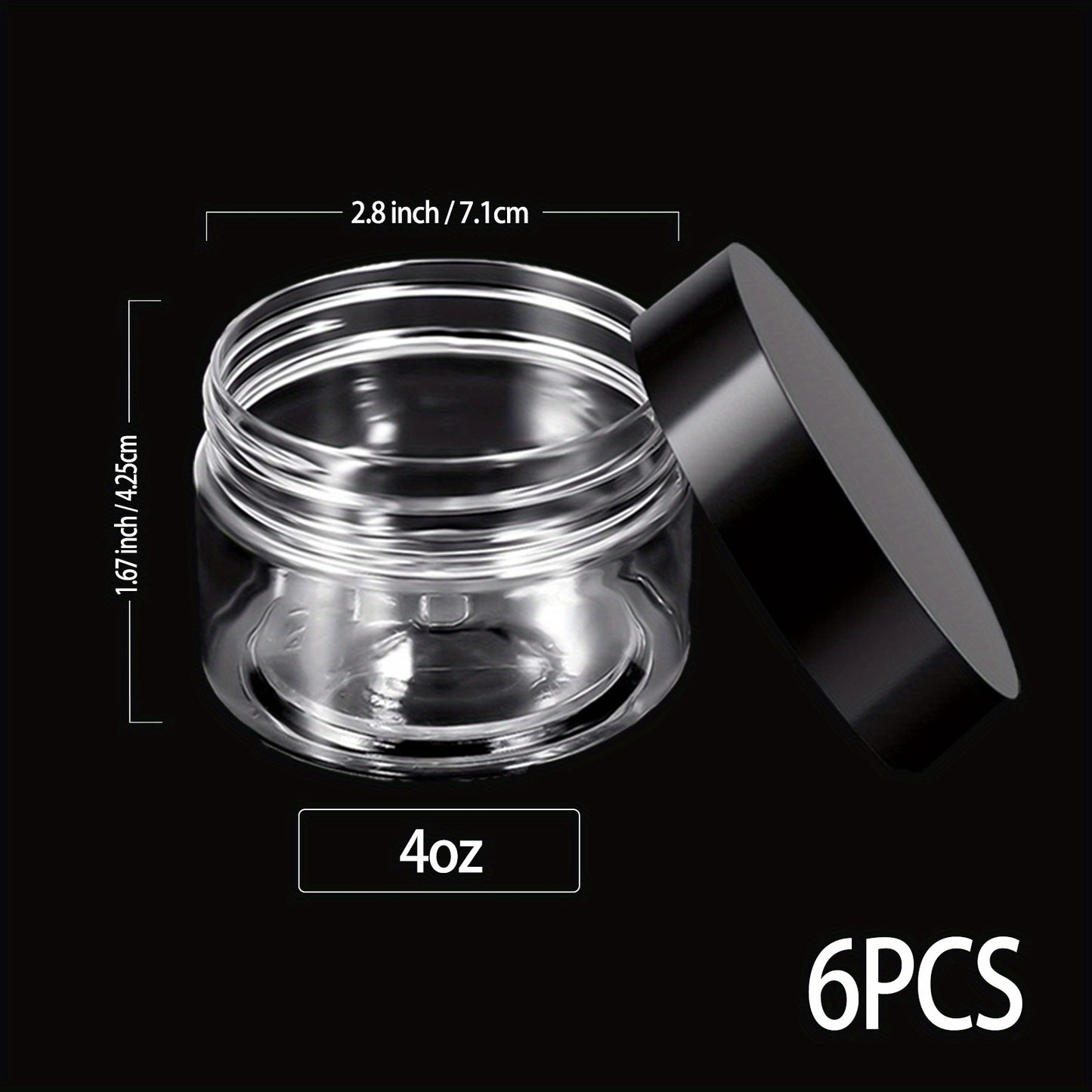 6 pcs Leak-Proof Plastic Pot Jars for Travel Storage and Cosmetic Use - Includes 6 Sizes (6,4,3,2)oz - Clear and Black Lids - Perfect for Makeup, Eye Shadow, Nails, Powder, Paint, and Jewelry