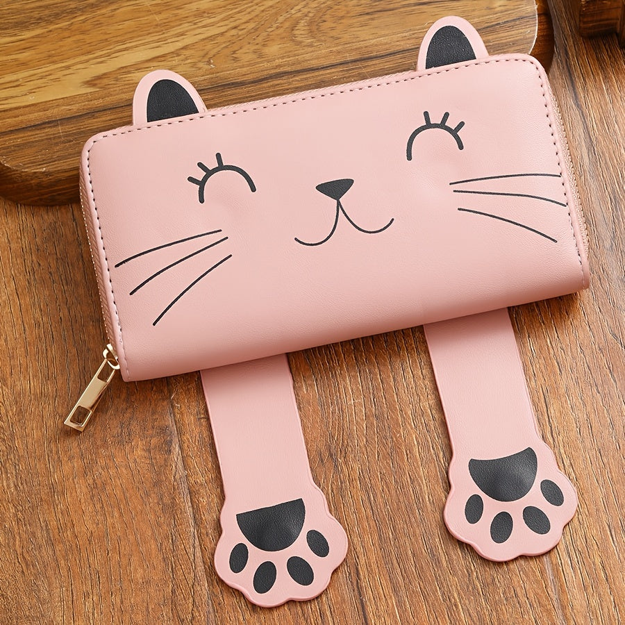 Women's Faux Leather Long Wallet with Cat Pattern - Cute & Stylish Card Slots & Zipper Pocket