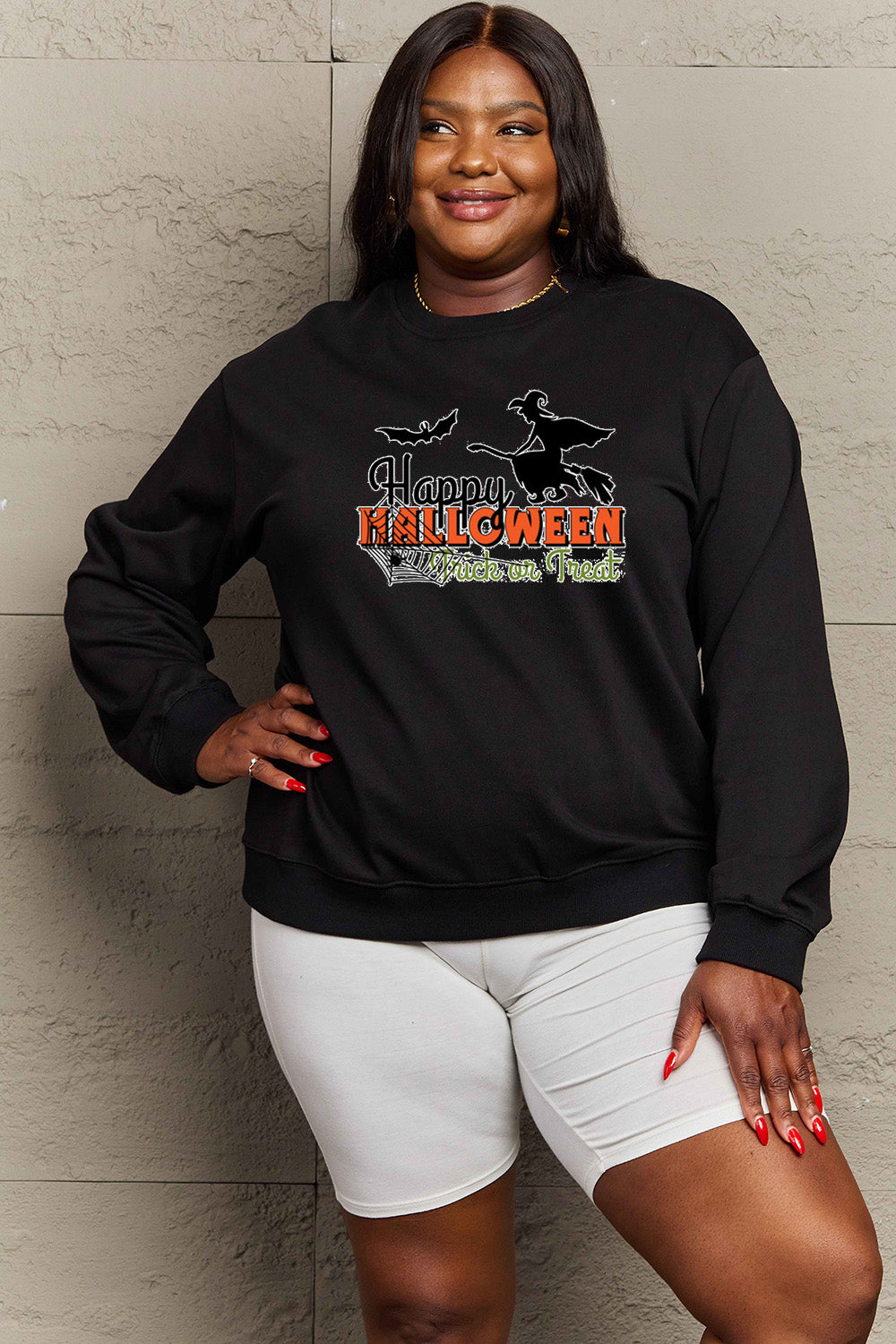 Simply Love Sweat-shirt graphique HAPPY HALLOWEEN TRICK OR TREAT pleine grandeur