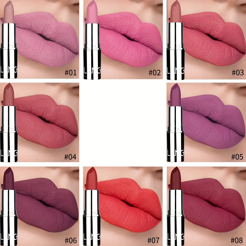 8 colors Moisturizing Matte Lipstick - Waterproof, Velvet Finish, Non-Stick Cup, Long-Lasting Makeup