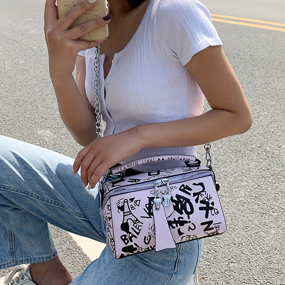 Trendy Graffiti Handbag for Women - Stylish Chain Crossbody Bag with Small Zipper Box Purse