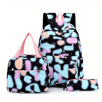 3Pcs Kawaii Backpack Set, Tie Dye Cartoon Pattern School Bag With Lunch Box Bag & Pencil Case