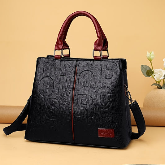 Women's Trendy Faux Leather Shoulder Bag - Letter Embossed Handbag with Double Handle - 8.4*8.6*3.5 Inch