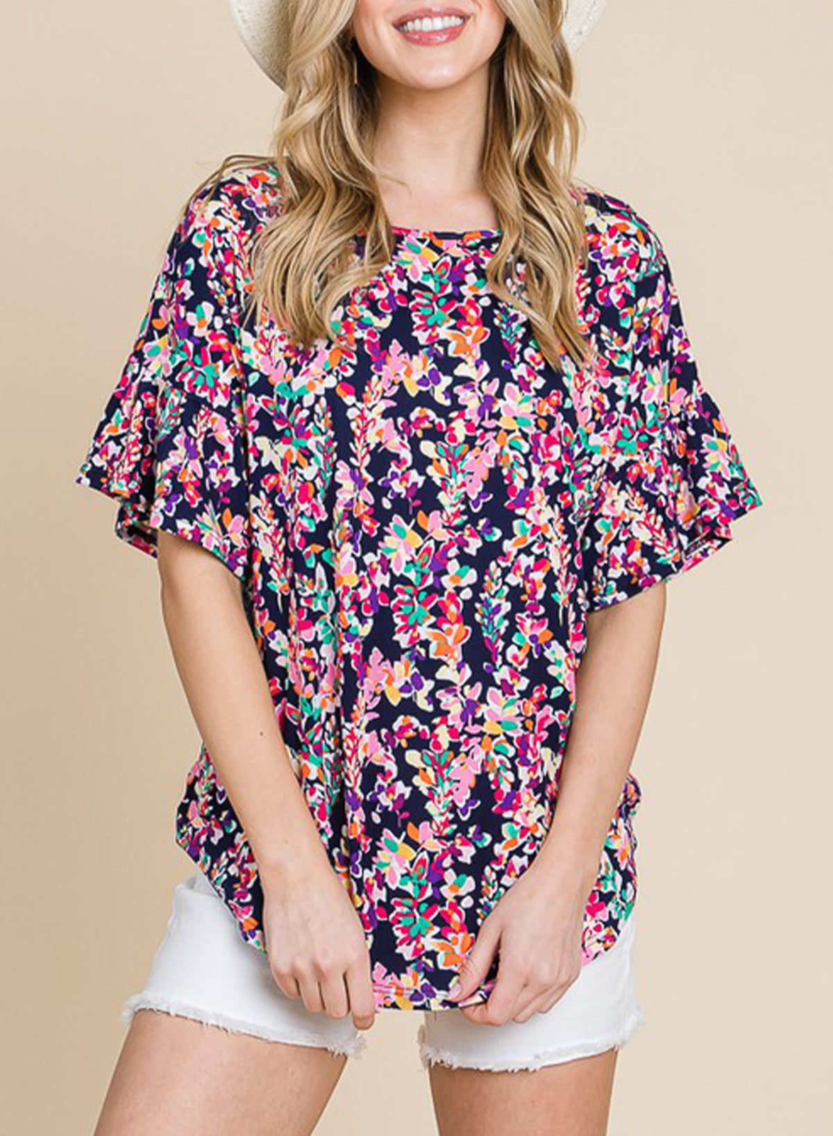 Printed Boat Neck Curved Hem Top