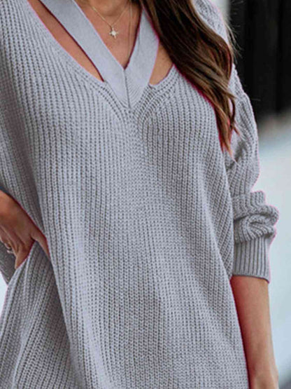 Full Size Cutout V-Neck Rib-Knit Sweater