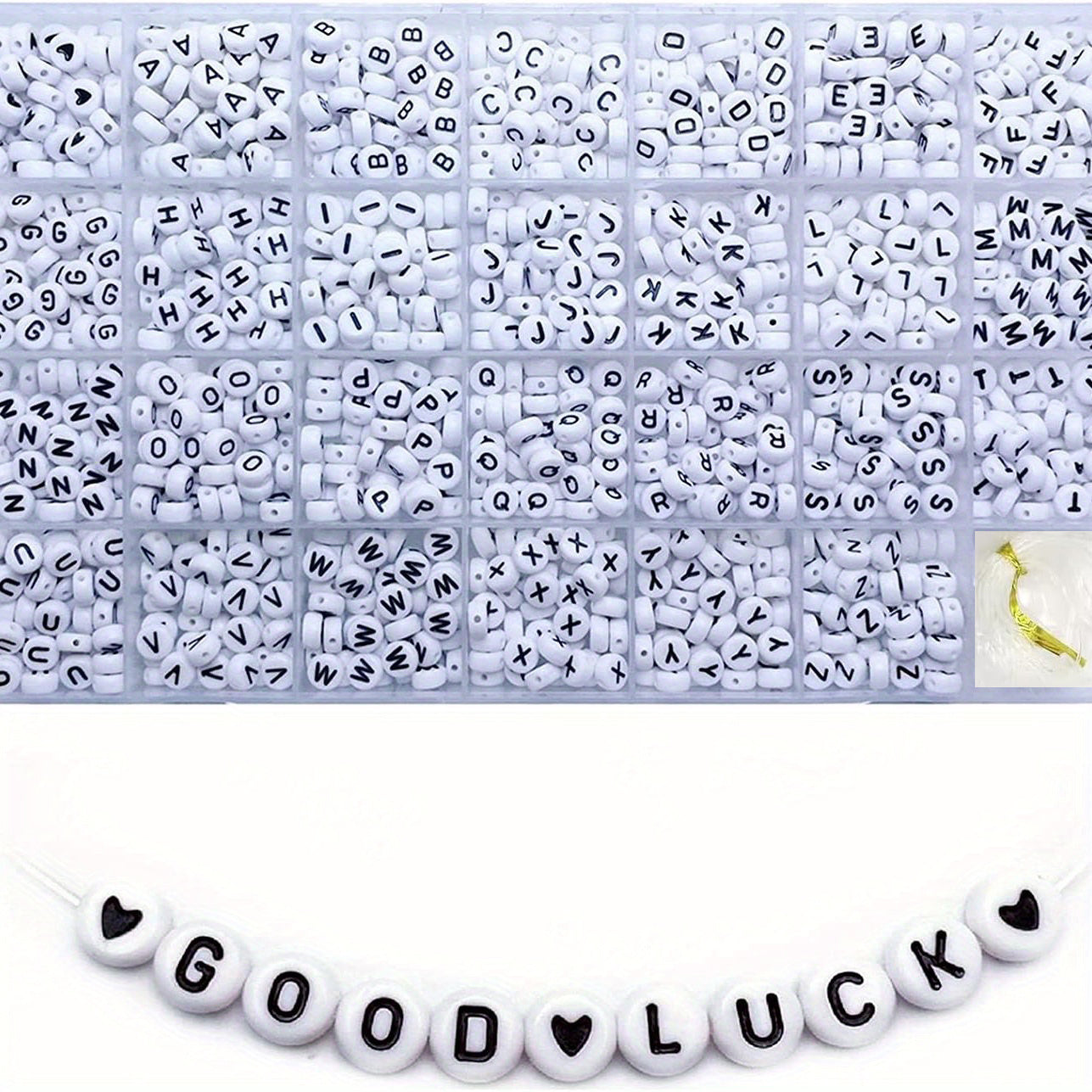 1400pcs White Round Acrylic Alphabet Letter Beads A-Z Heart Pattern Beads And Crystal Cord For Jewelry Making Bracelets Necklaces Key Chains 4x7mm