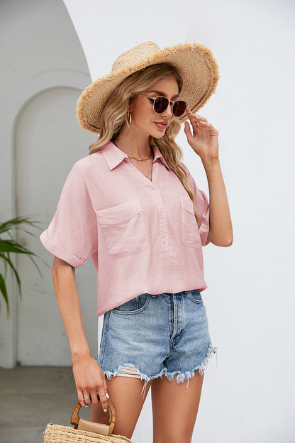 Half Button Johnny Collar Blouse