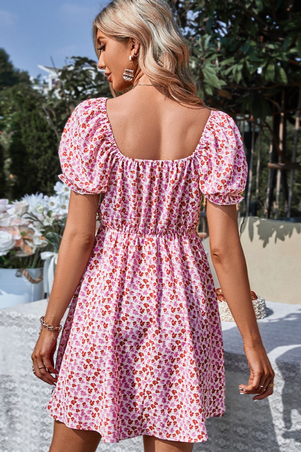 Floral Drawstring Flounce Sleeve Dress