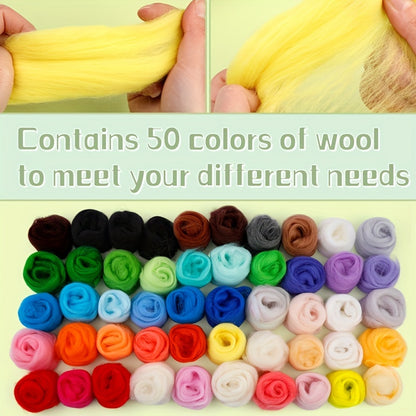 228pcs Needle Felting Kit Wool Felting Tools For Beginner 50 Colors Wool Roving Starter Felting Kit With Felting Needles Foam Mat Needle Felting Supplies Storage Bag For DIY Craft Making (random Colo