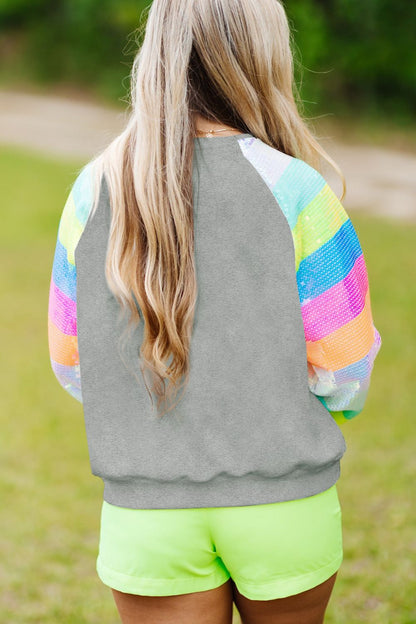 Round Neck Color Block Glitter Sleeve Sweatshirt