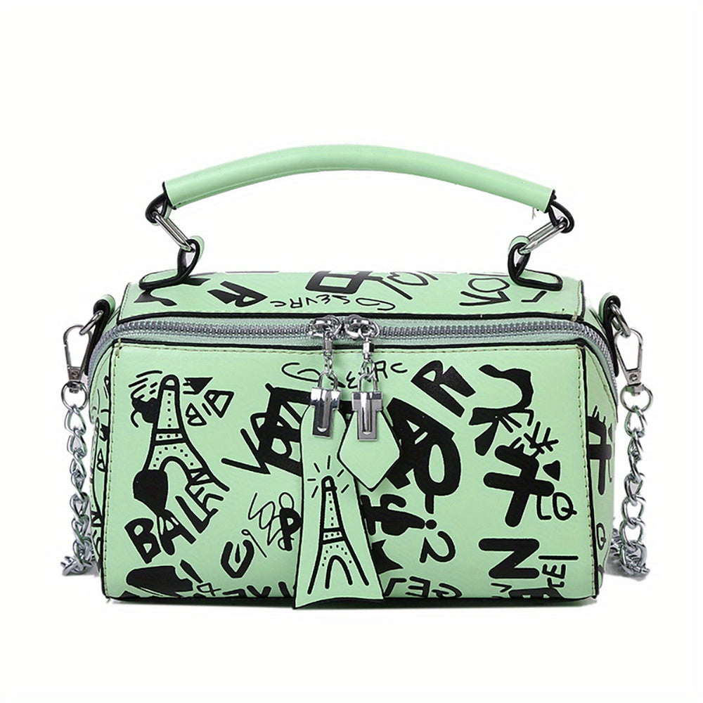 Trendy Graffiti Handbag for Women - Stylish Chain Crossbody Bag with Small Zipper Box Purse