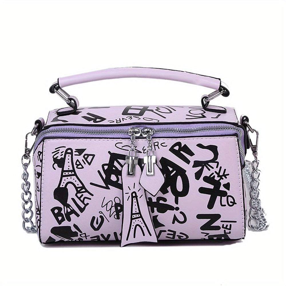 Trendy Graffiti Handbag for Women - Stylish Chain Crossbody Bag with Small Zipper Box Purse