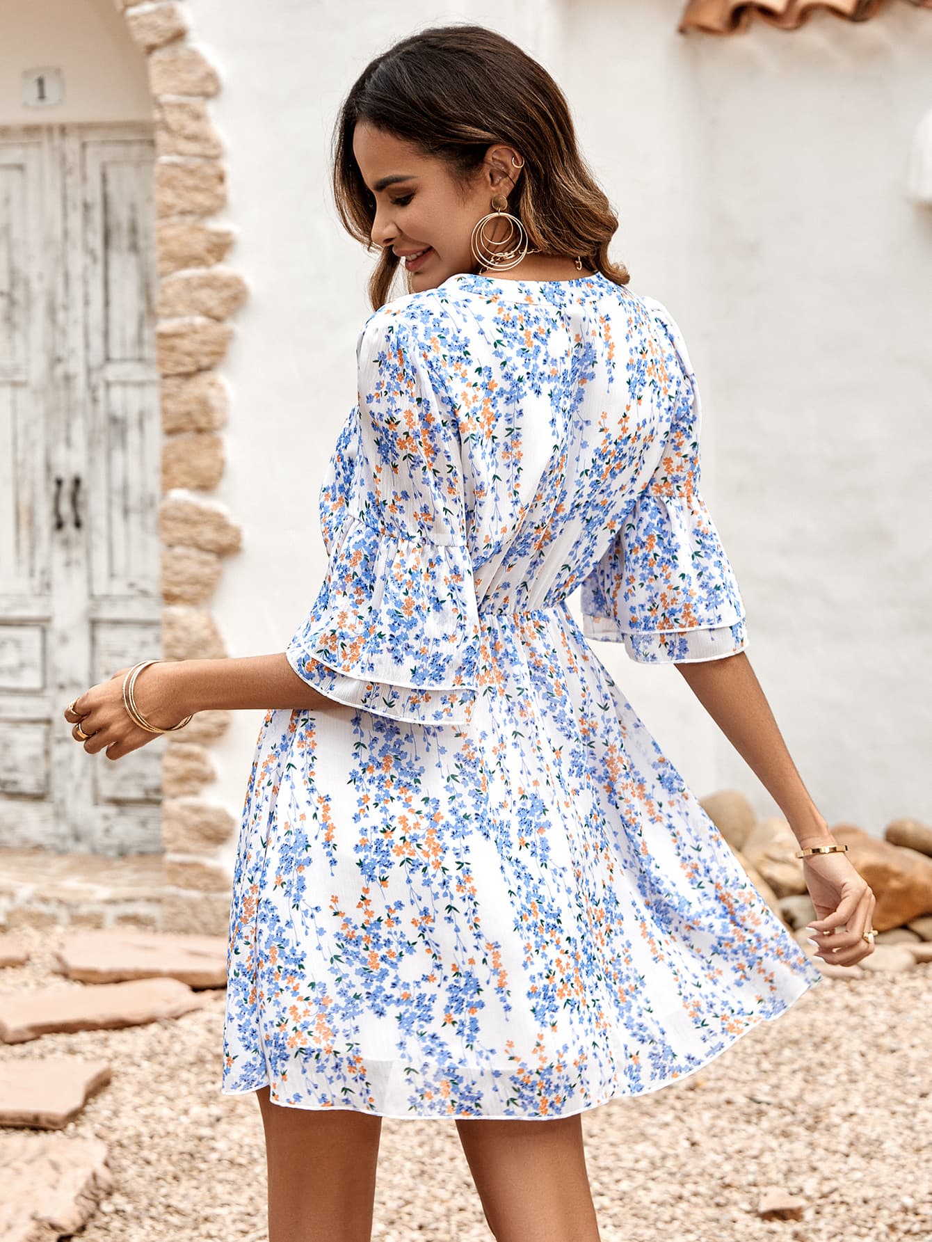 Floral Notched Neck Flounce Sleeve Dress