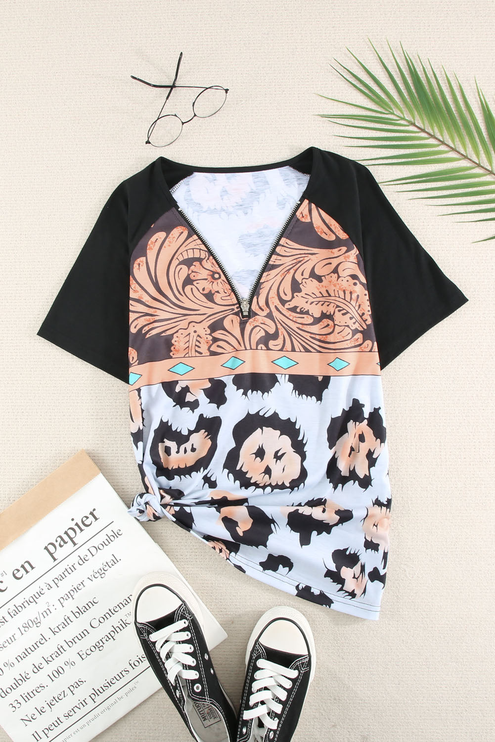 Printed Zip-Collar Short Raglan Sleeve Tee