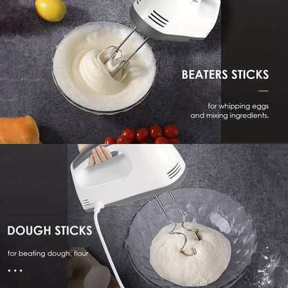 7-Speed Electric Hand Mixer - 110V, 50/60Hz - Includes 2 Dough Hooks, 2 Beaters & Whisk - Perfect for Baking & Cooking - White