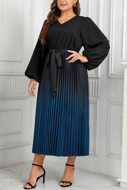 Robe Midi Plissée à Col en V et Manches Longues à Nouer à la Taille de Grande Taille