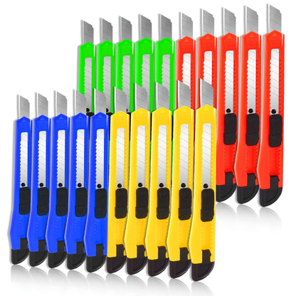 20pcs Retractable Box Cutter with Auto-Lock Design - Disposable Razor Knife for Carton, Cardboard, and Office Use - 9mm Snap-off Blades for Precision Cutting