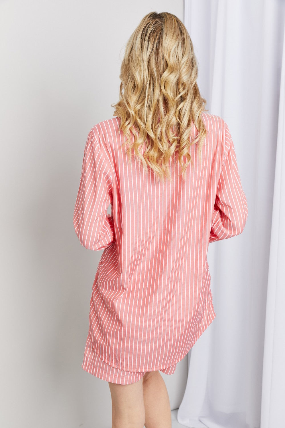 Zenana Striped Shirt and Shorts Loungewear Set in Deep Coral