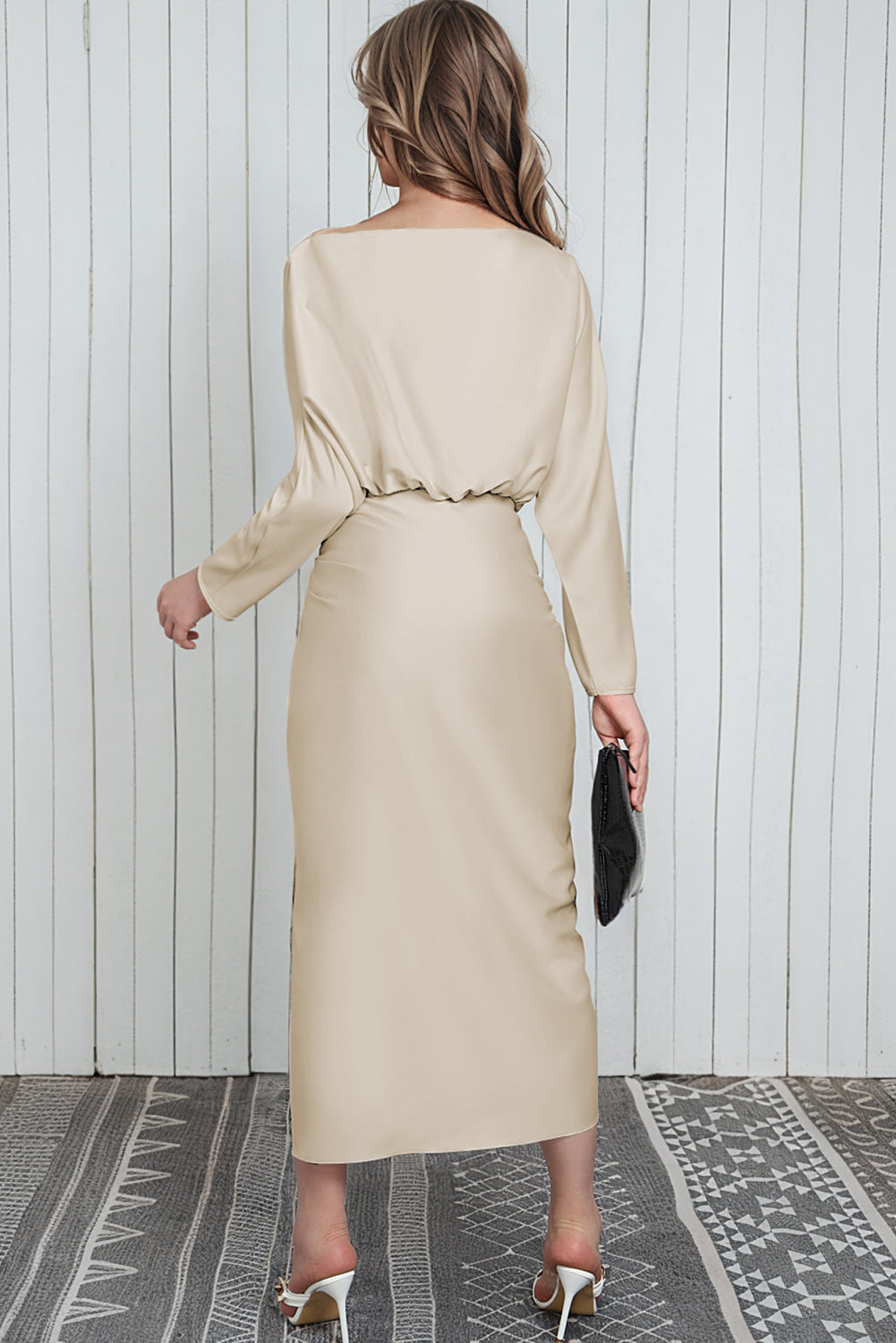 Boat Neck Long Sleeve Twisted Midi Dress