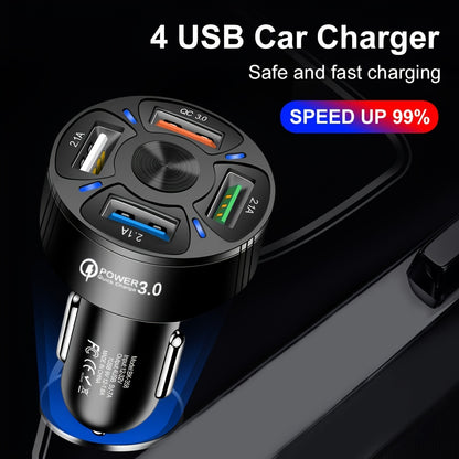 4-in-1 USB Car Charger with 4 Ports - Fast Charging Adapter for Phones and Cigarette Lighter - Mini Design for Convenient Use