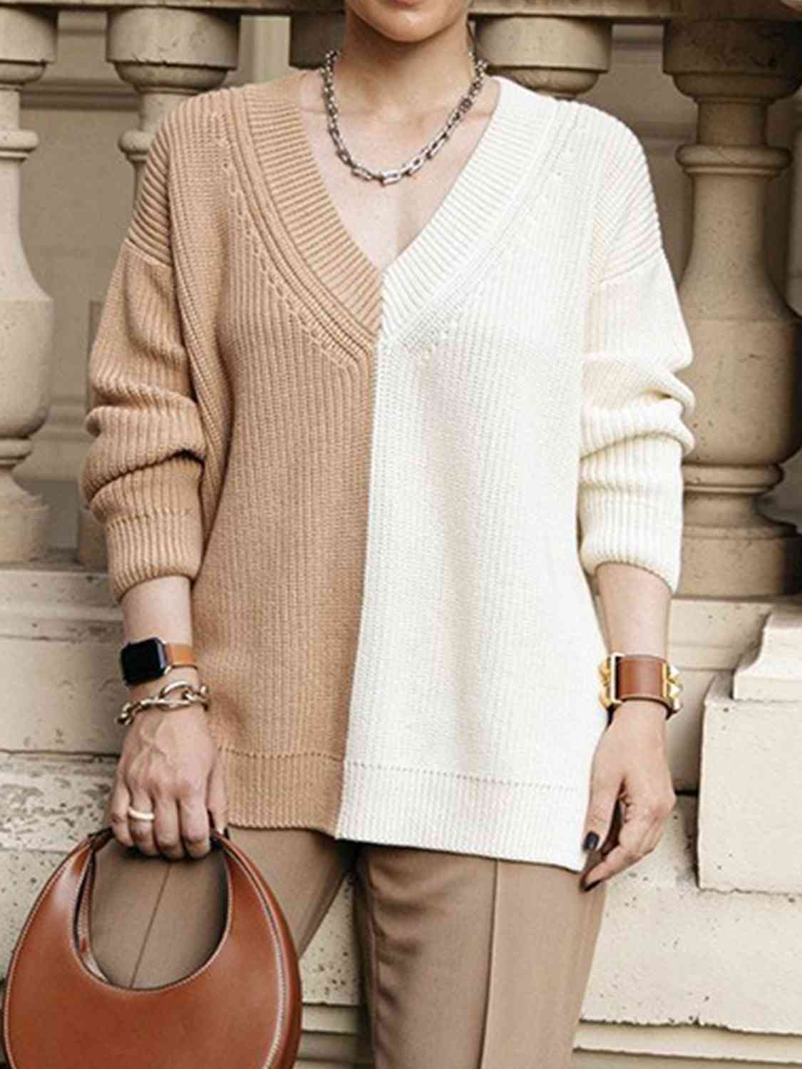 Contrast V-Neck Dropped Shoulder Sweater