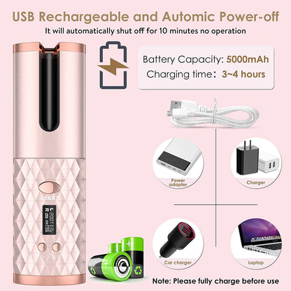 5000mAh Portable Wireless Hair Curler with LCD Screen & Diamond Pattern - Fully Automatic Charging & Curling!