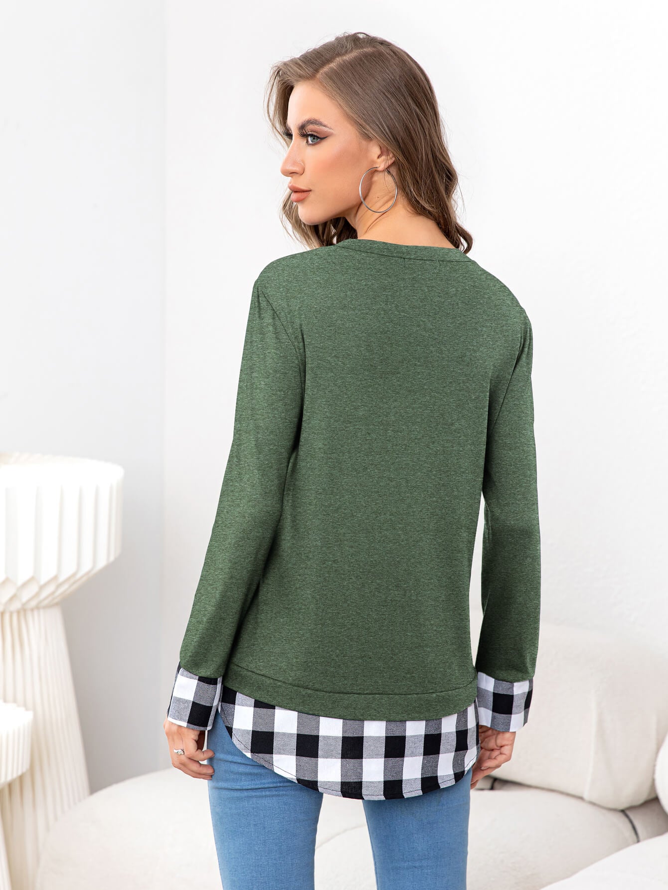 Plaid Round Neck Long Sleeve Tee