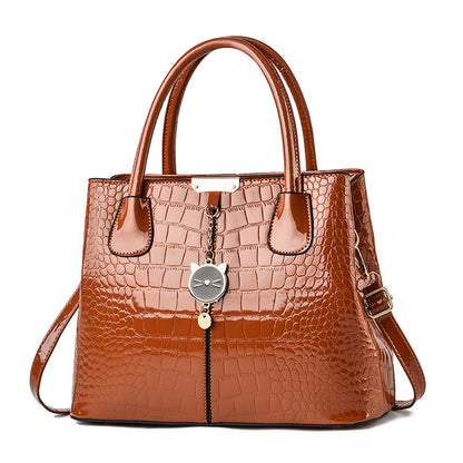 Stylish Crocodile Embossed Handbag - PU Leather Patent Shoulder Bag with Metal Decor and Double Handle for Women