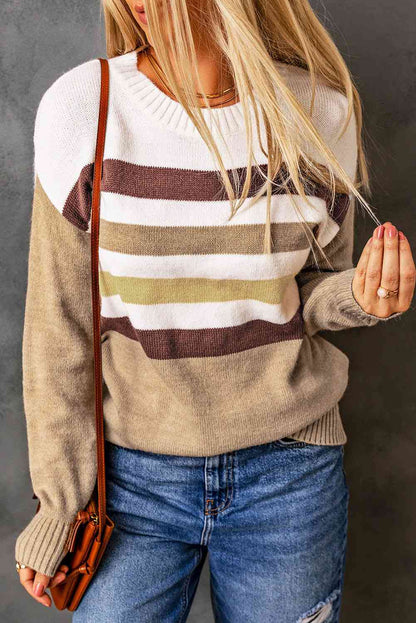 Striped Ribbed Trim Drop Shoulder Sweater