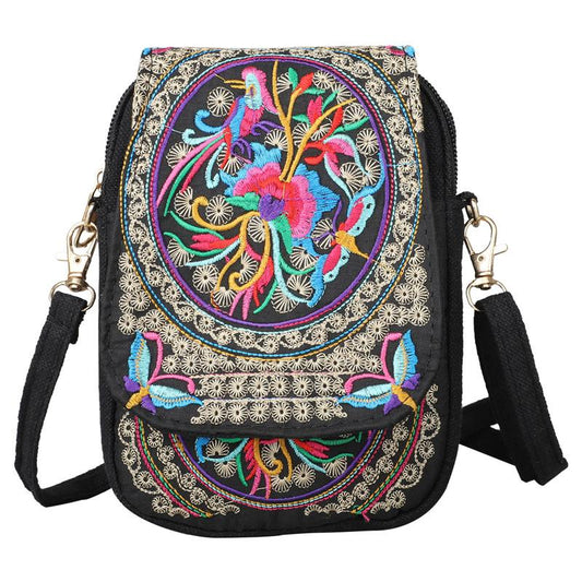 Stylish Women's Embroidered Crossbody Phone Bag with Zipper - Small Canvas Shoulder Bag for Everyday Use